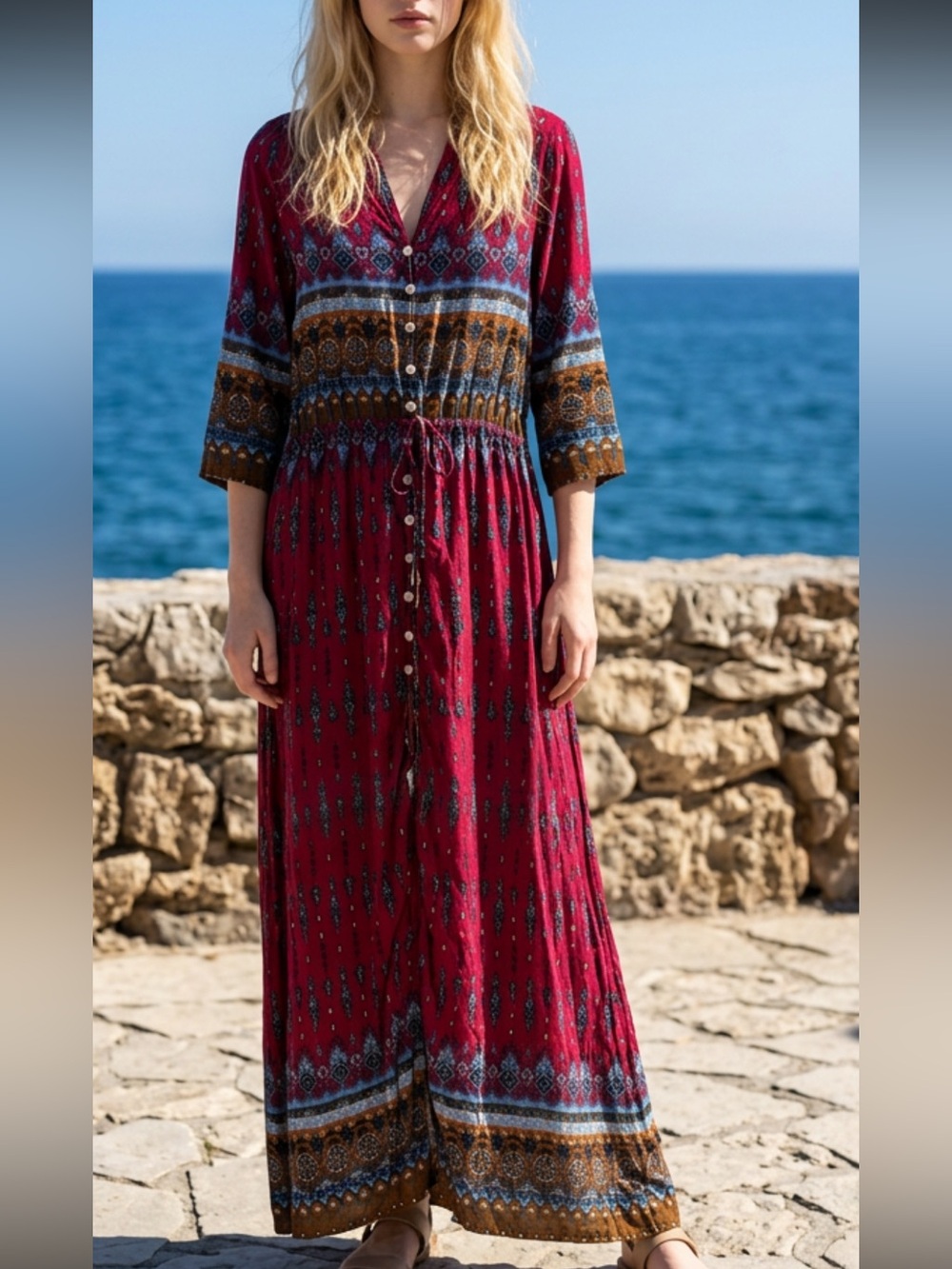 Boho Red Patterned Maxi Dress with Drawstring Waist